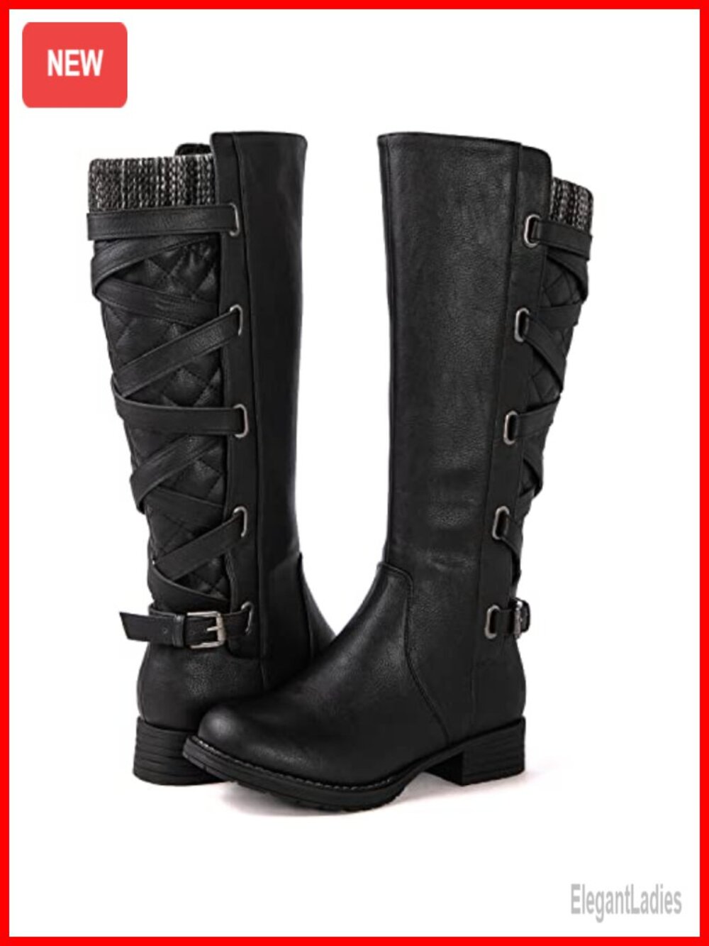 Quilted Knee High Fashion Boots Strappy Faux Leather Vegan